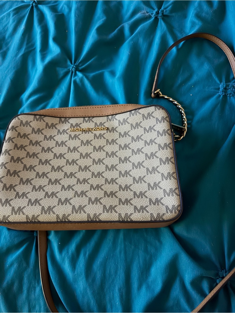 Michael Kors Monogram Crossbody in Brown and Cream with Gold Hardware